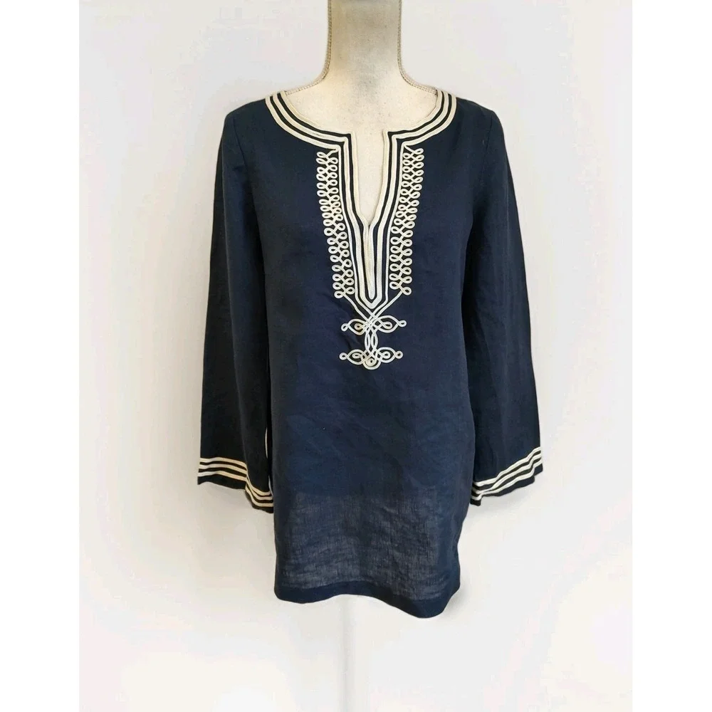 Michael Kors Linen Tunic Top Navy Blue & White Trim Nautical Indian Classic Sz M